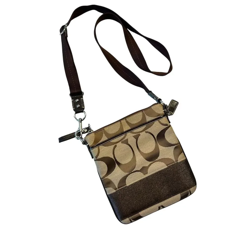 Vintage Coach Authentic Y2K Brown Tan Crossbody Purse Signature Canvas 7.5x8.5